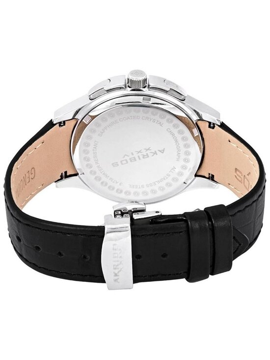 NWT Akribos XXIV Grandiose Crystal Chronograph Steel Black Leather Men\'s Watch
